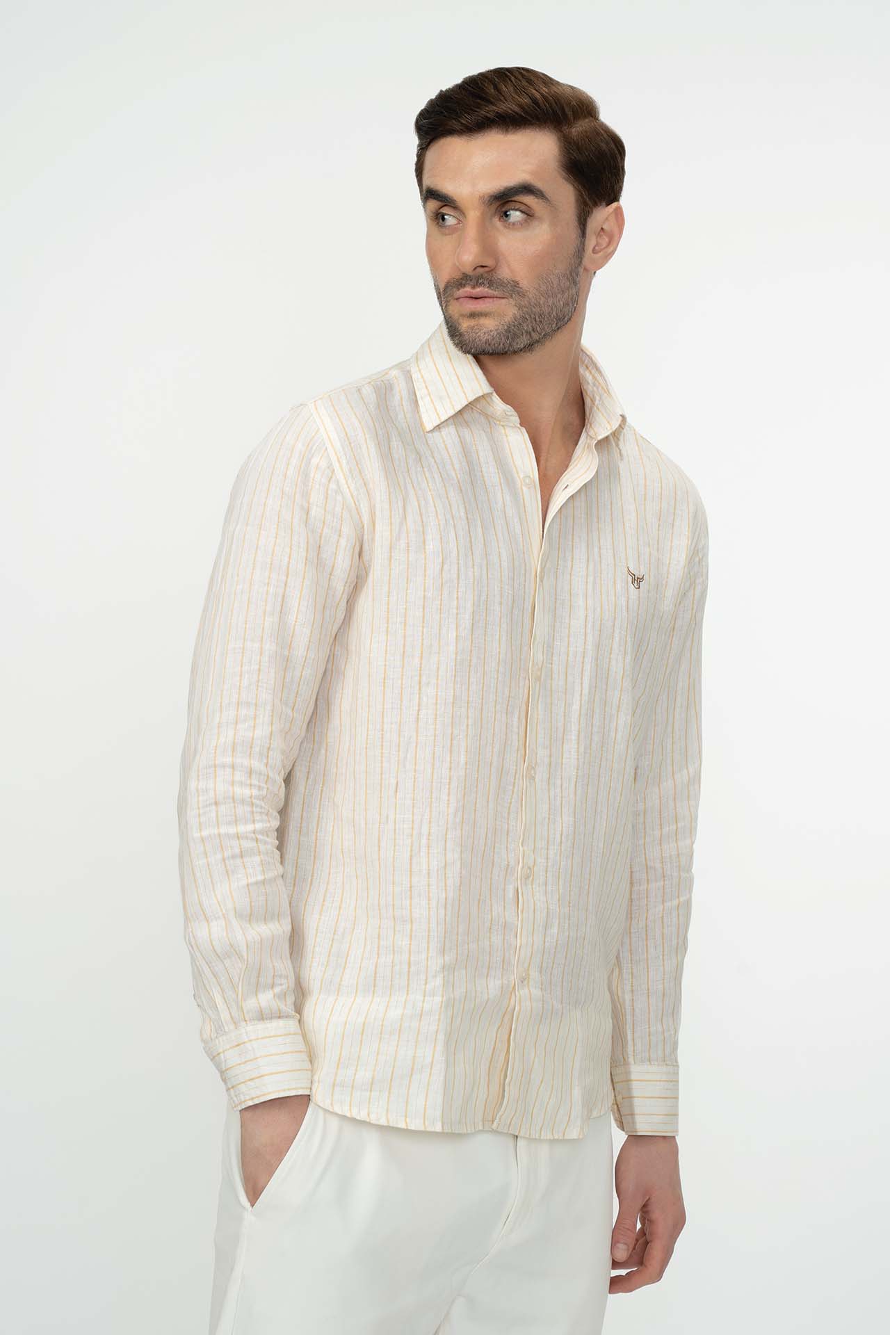 100% Linen Stripes Shirt Yellow