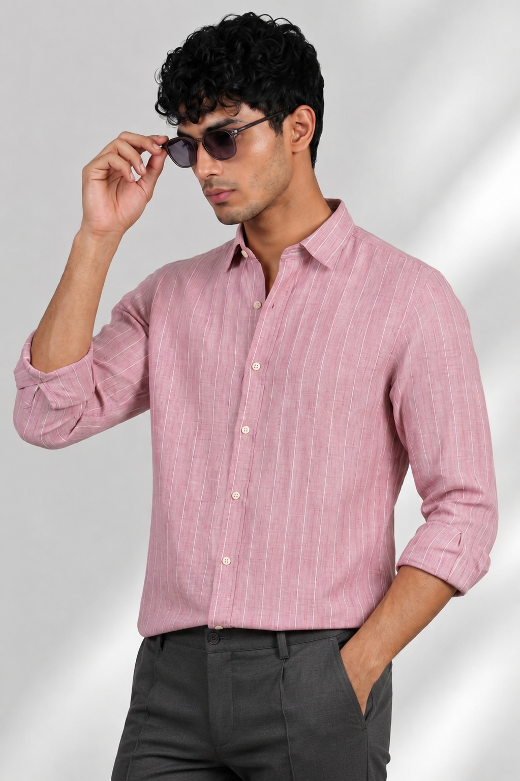 100% Linen Shirt - Stripes Pink
