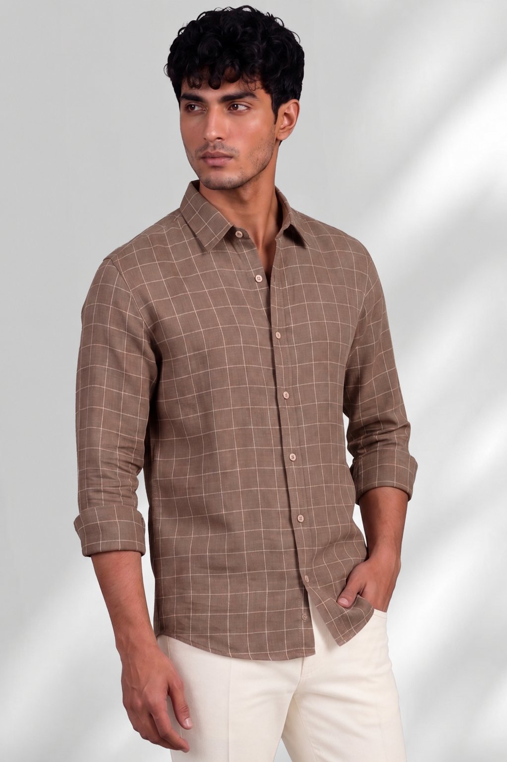 100% Linen Shirt - Checks Brown