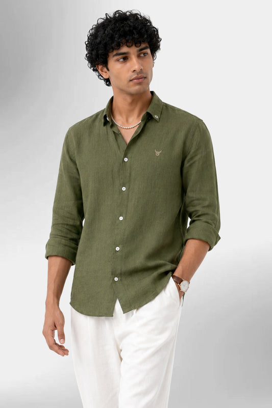 100% Linen Shirt - Olive