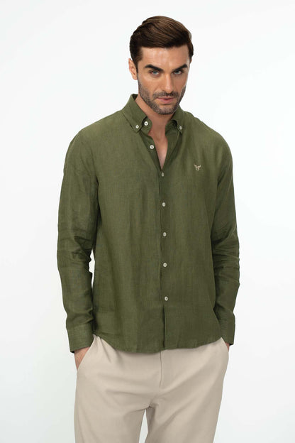 100% Linen Shirt - Olive