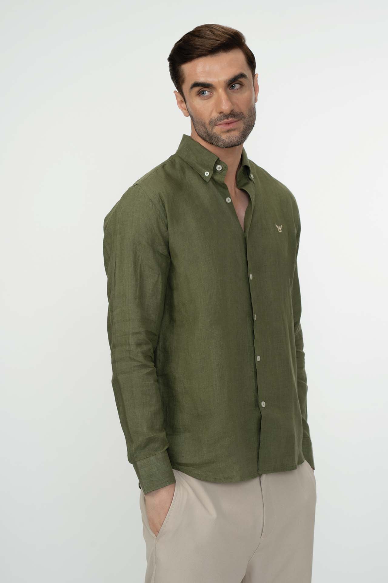 100% Linen Shirt - Olive
