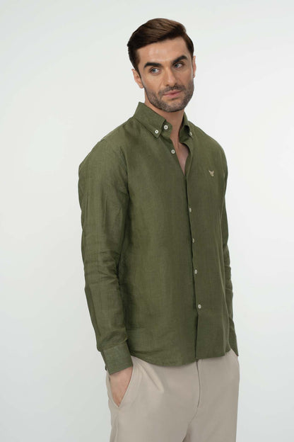 100% Linen Shirt - Olive