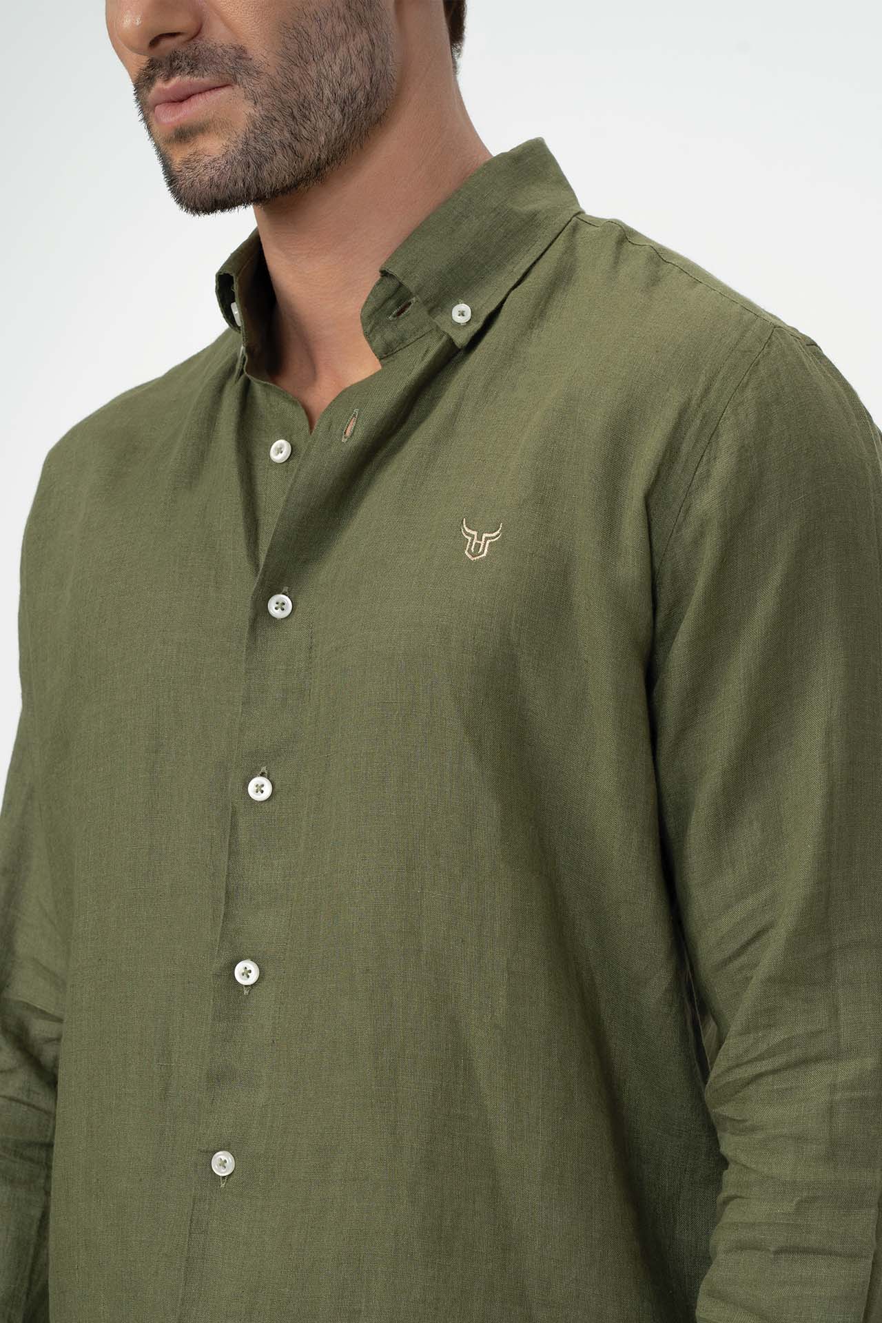 100% Linen Shirt - Olive