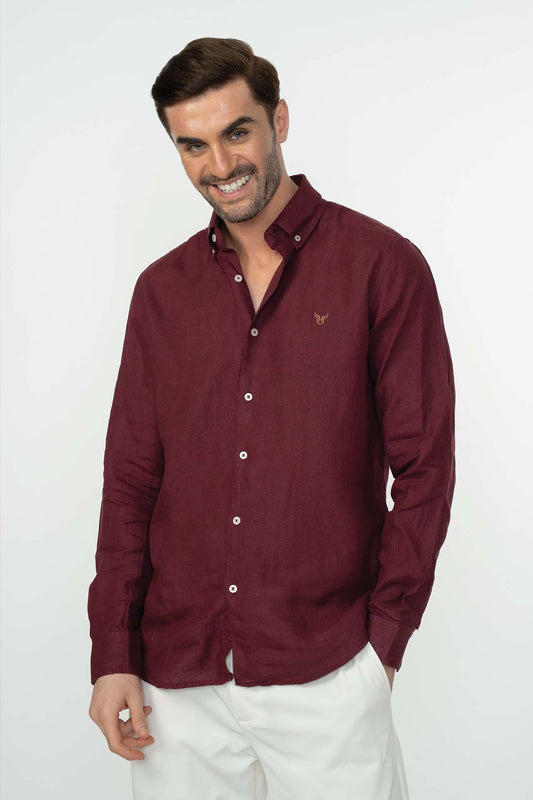 100% Linen Shirt - Maroon