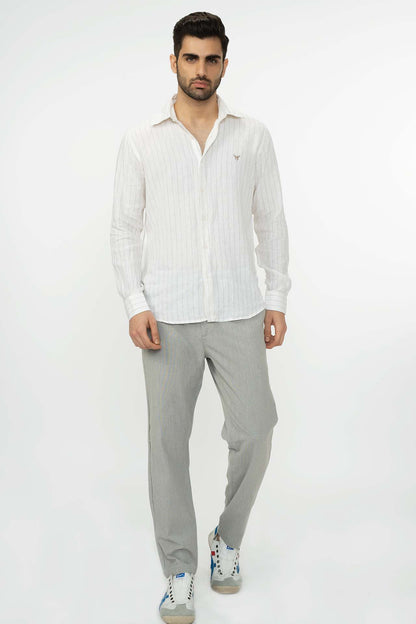 100% Linen Stripes Shirt Gray