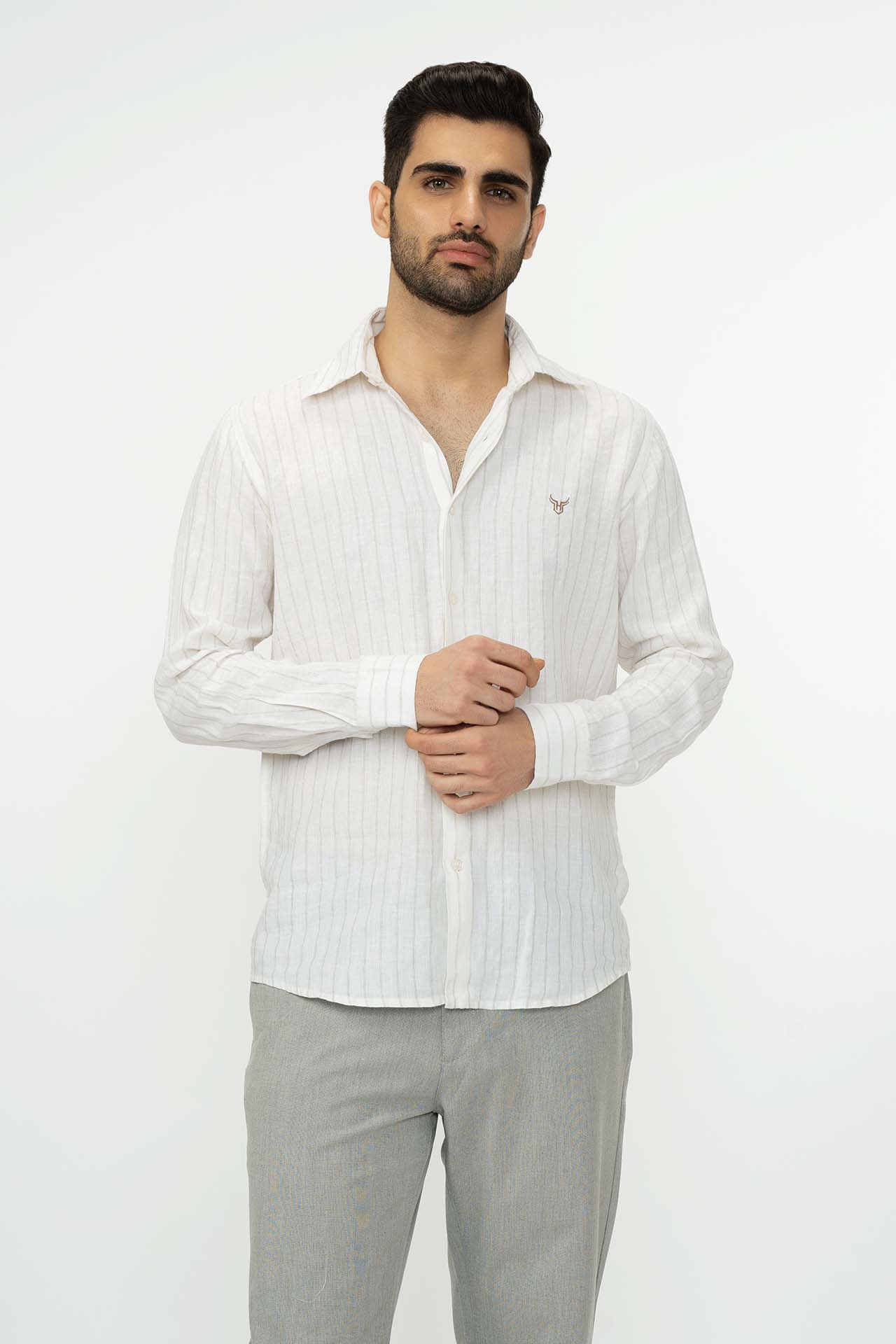 100% Linen Stripes Shirt Gray