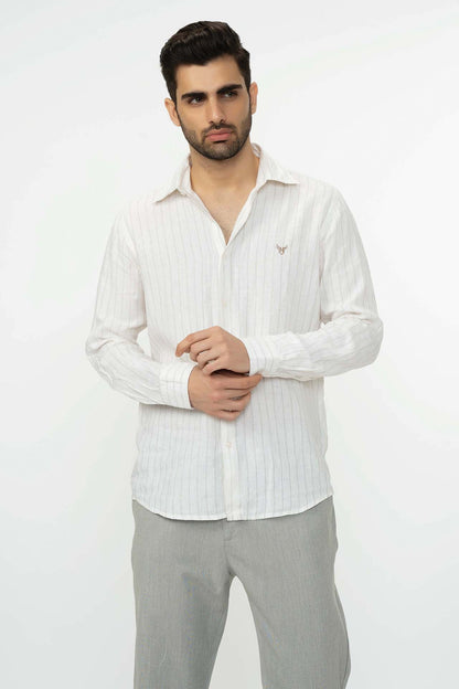 100% Linen Stripes Shirt Gray