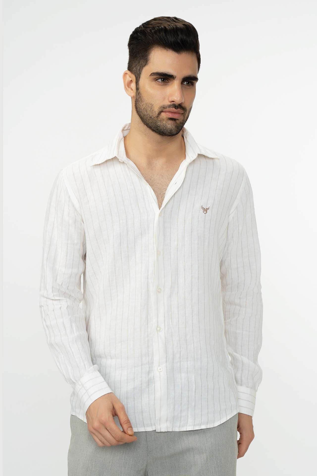 100% Linen Stripes Shirt Gray