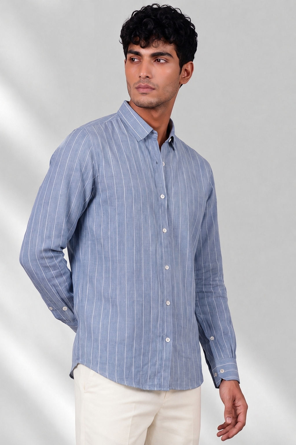 100% Linen Shirt - Stripes Blue