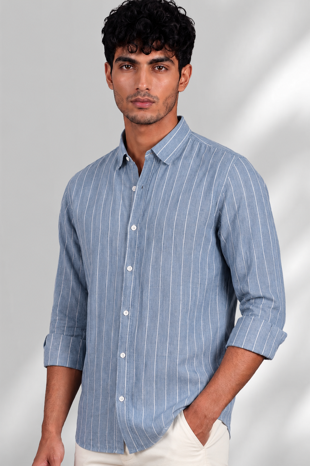 100% Linen Shirt - Stripes Blue