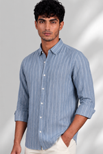 100% Linen Shirt - Stripes Blue