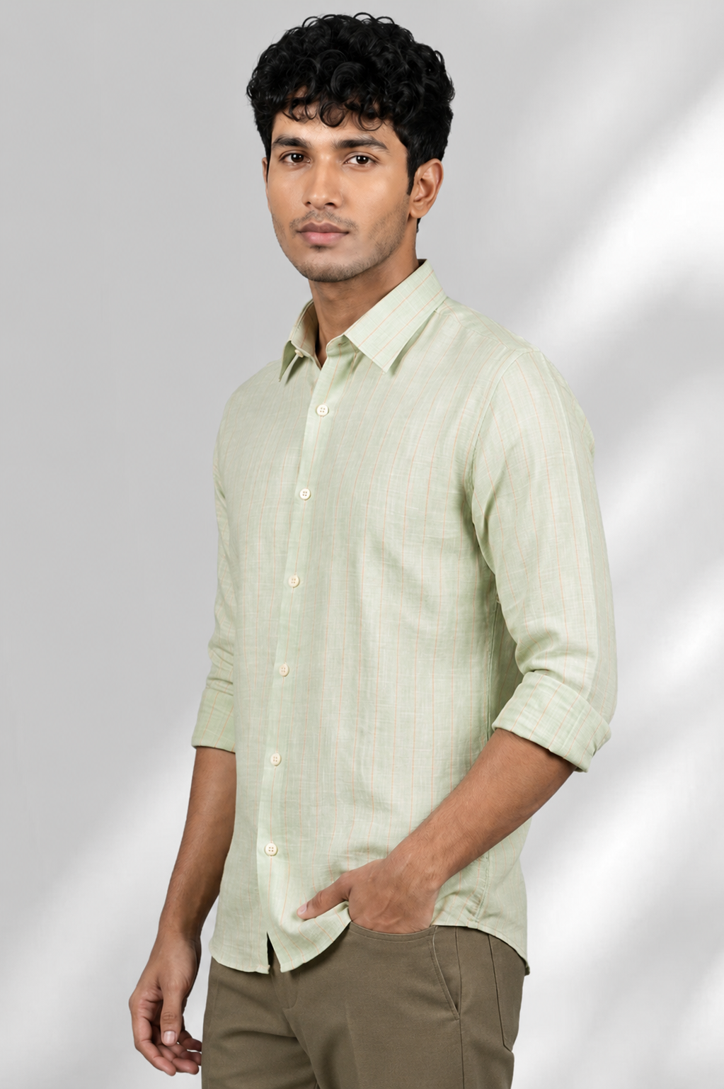 100% Linen Shirt - Stripes Mint Green