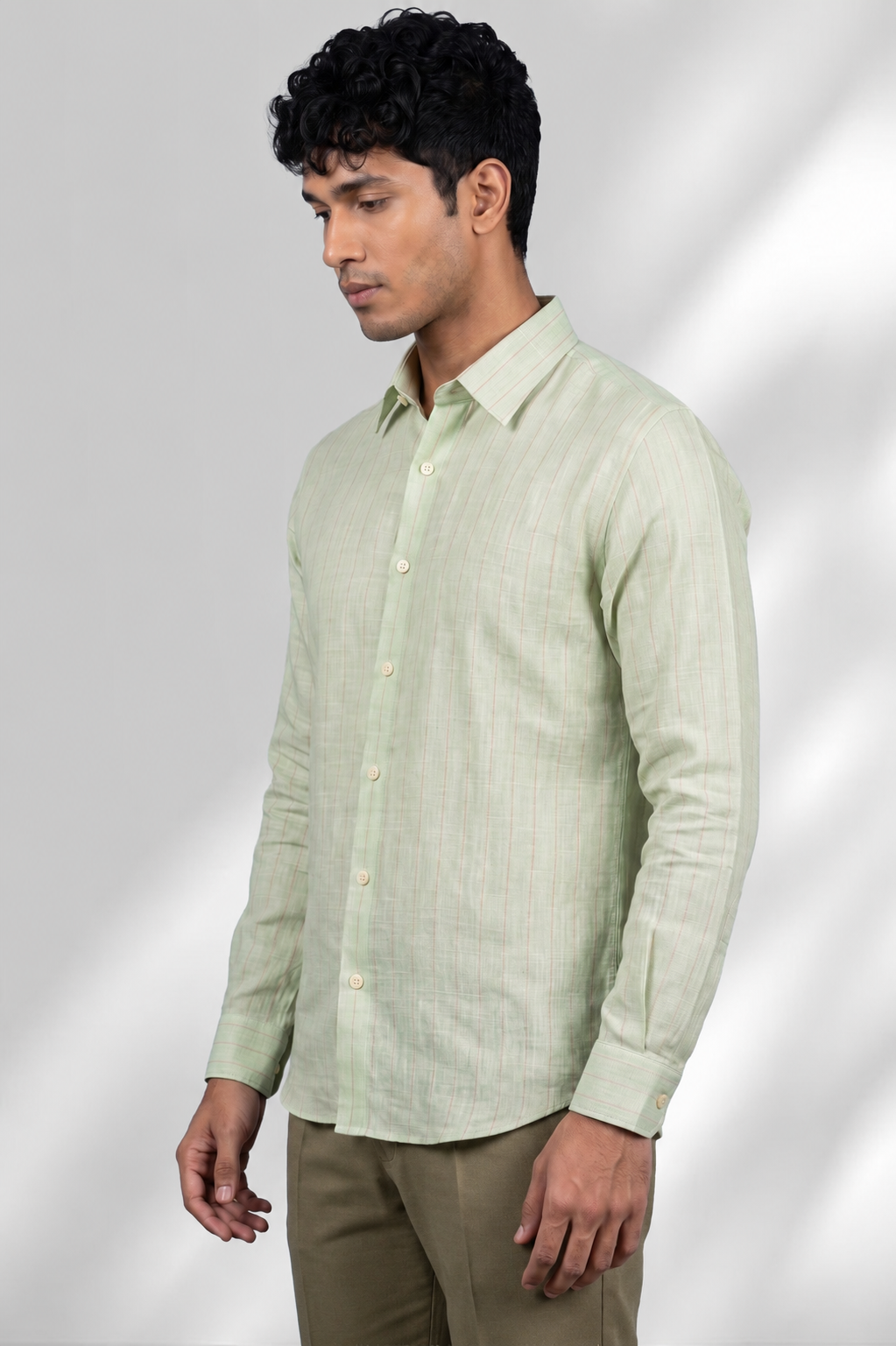 100% Linen Shirt - Stripes Mint Green