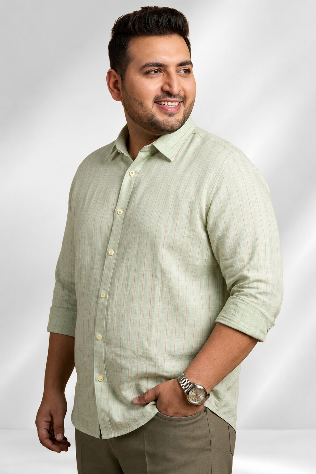 100% Linen Shirt - Stripes Mint Green