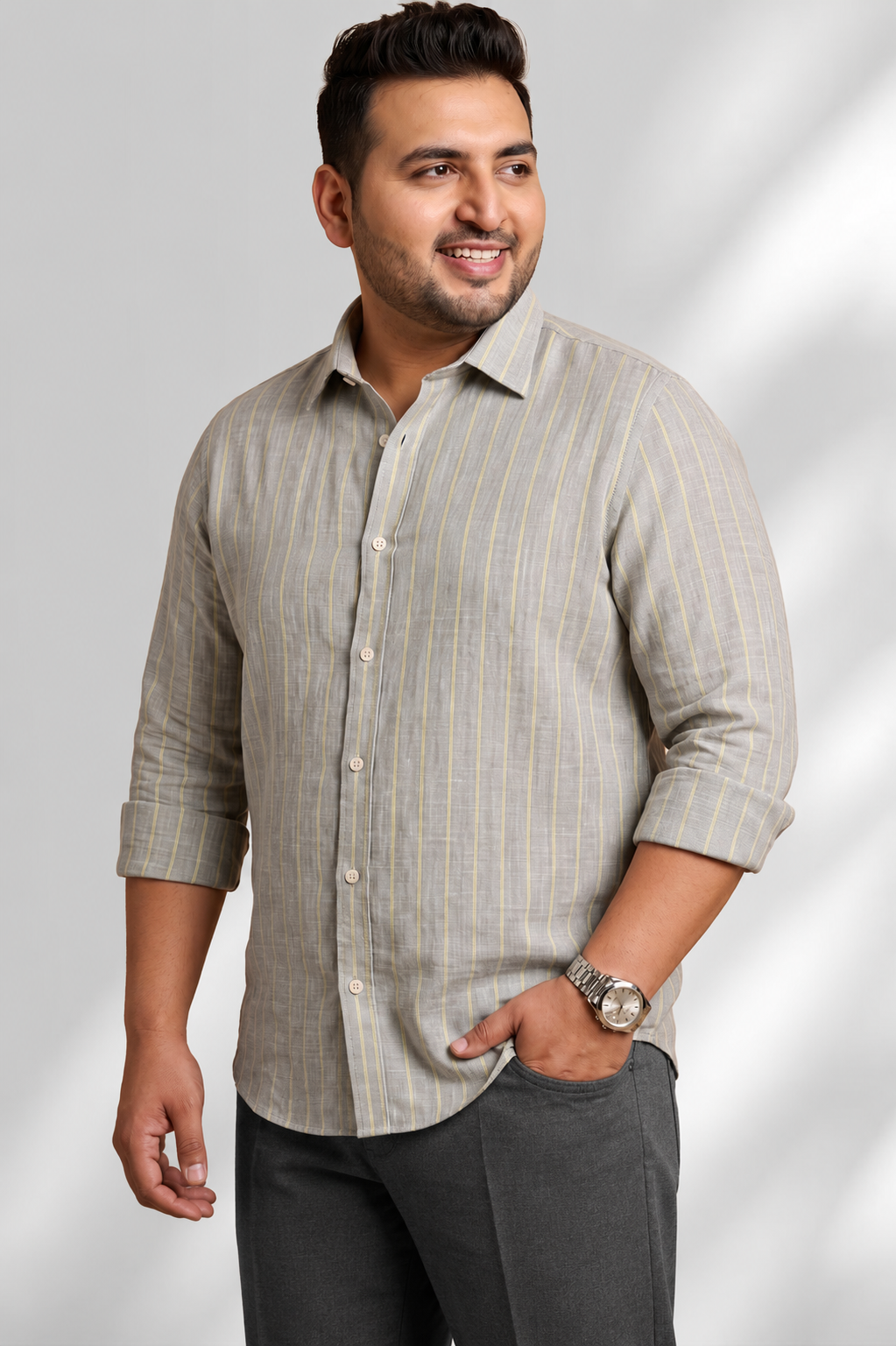 100% Linen Shirt - Stripes Grey