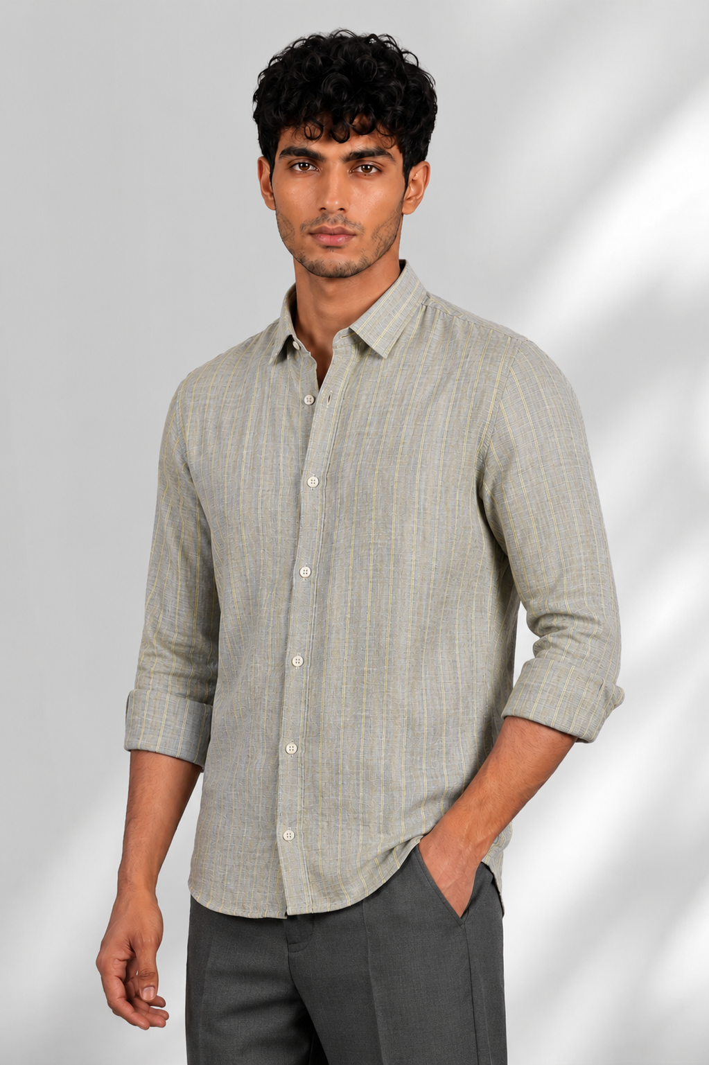 100% Linen Shirt - Stripes Grey