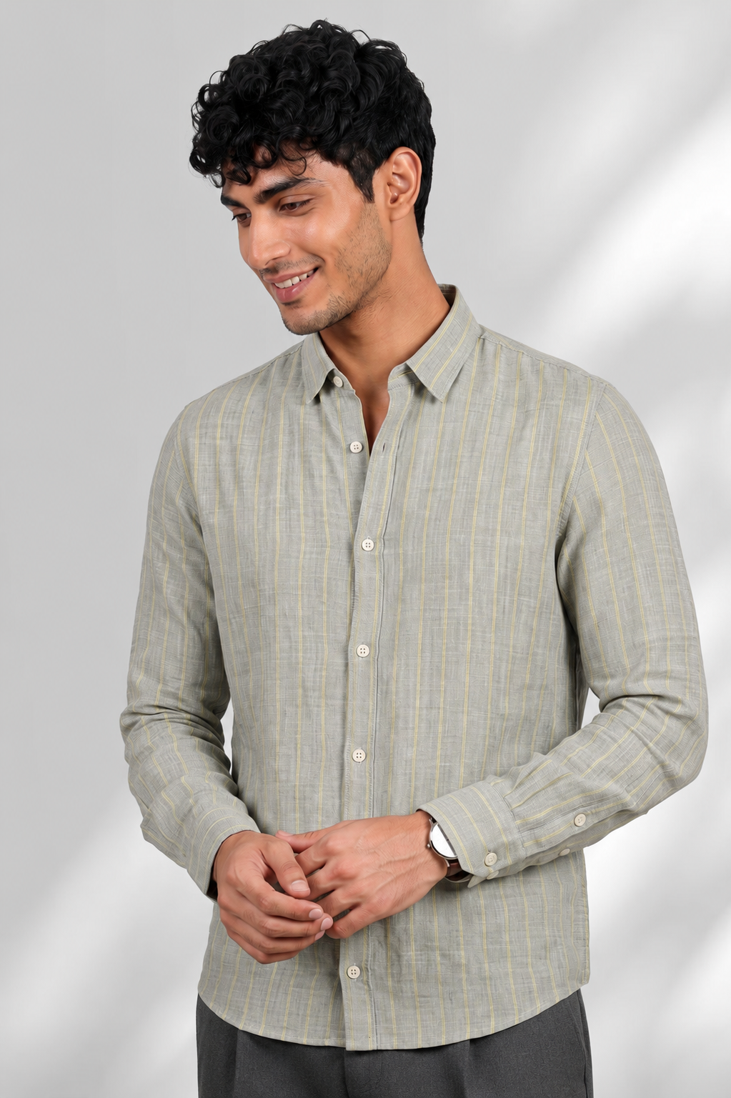 100% Linen Shirt - Stripes Grey