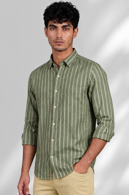 100% Linen Shirt - Stripes Olive