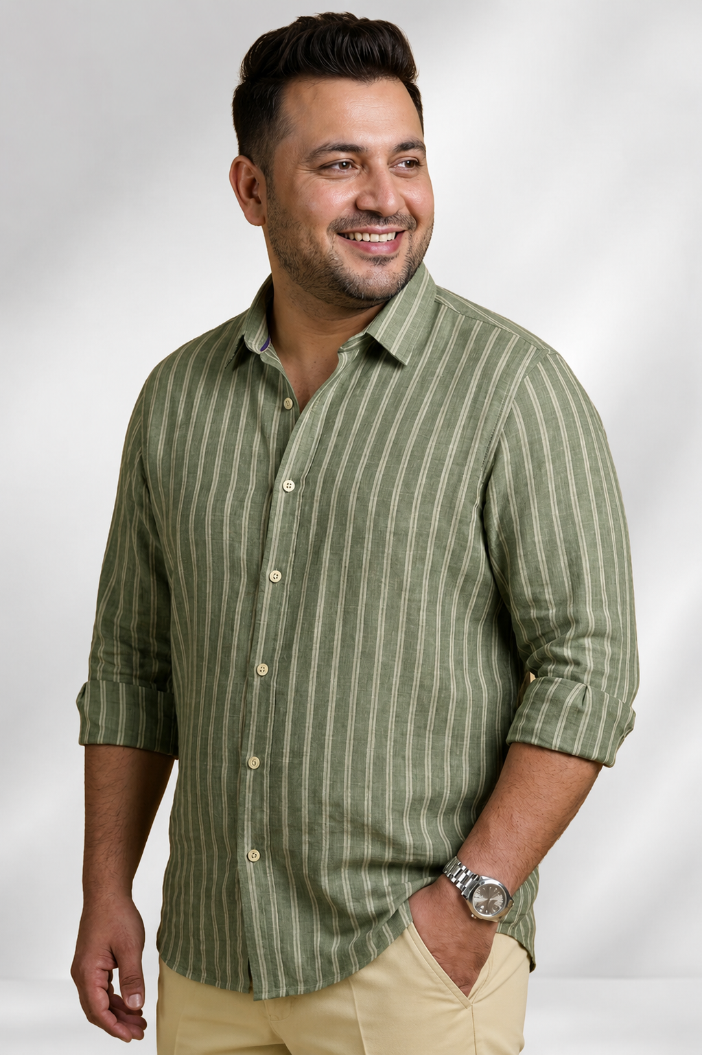 100% Linen Shirt - Stripes Olive