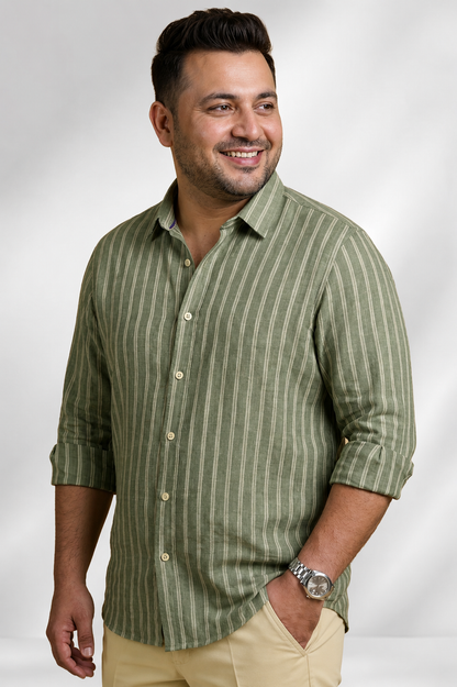 100% Linen Shirt - Stripes Olive