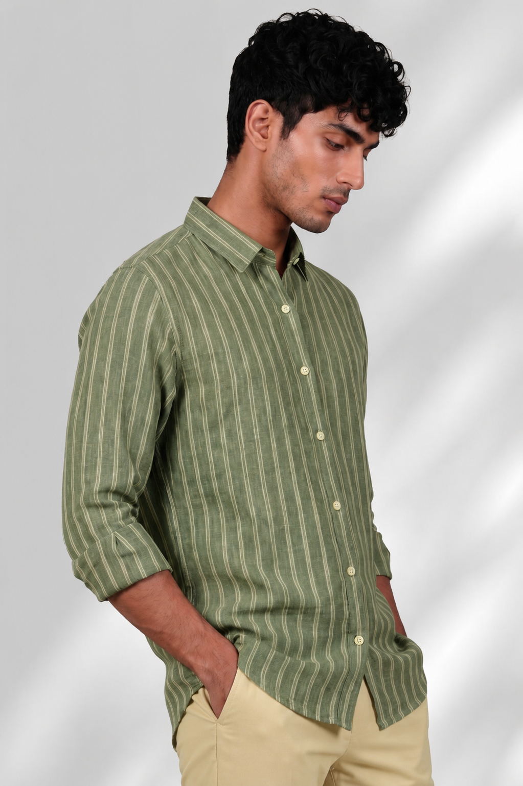 100% Linen Shirt - Stripes Olive