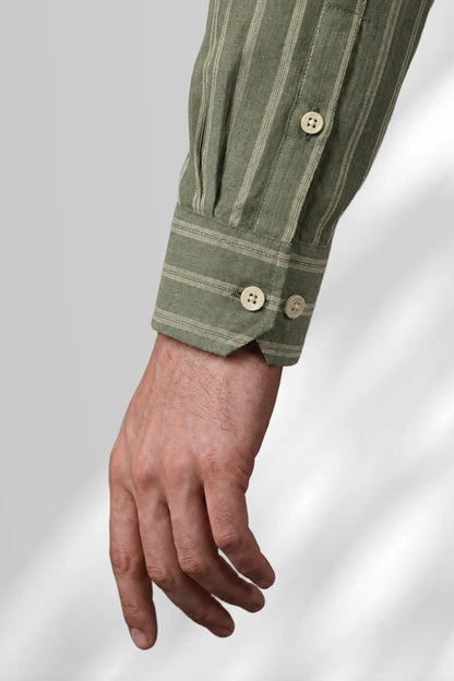100% Linen Shirt - Stripes Olive