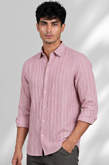 100% Linen Shirt - Stripes Pink