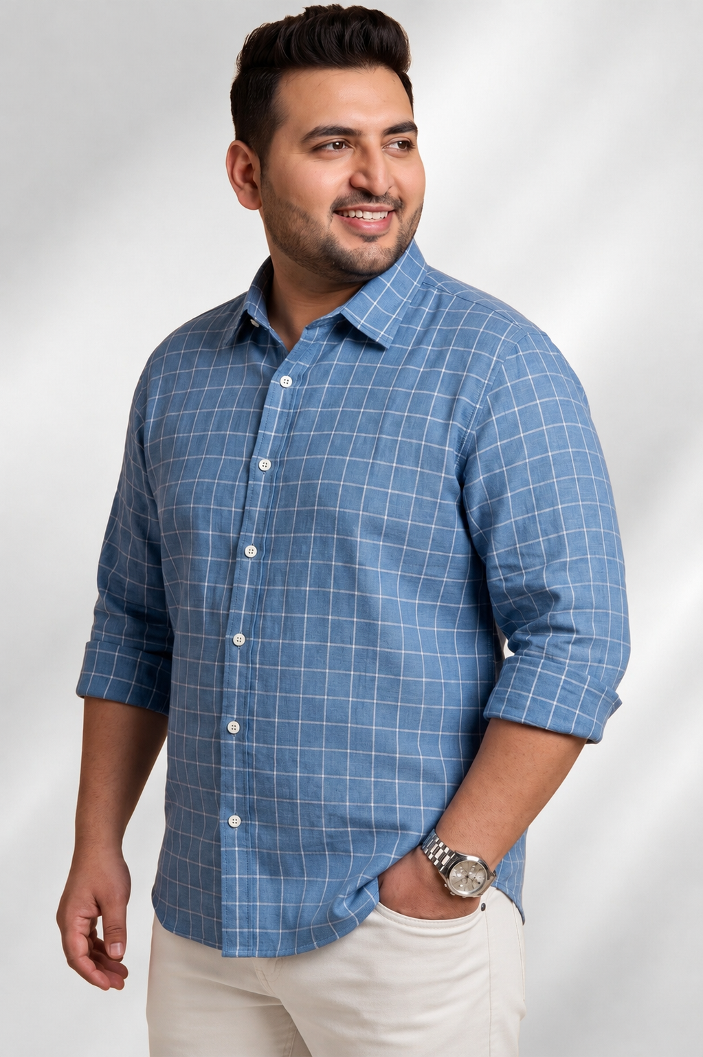 100% Linen Shirt - Checks Blue