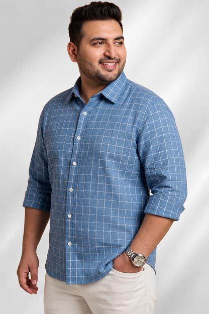 100% Linen Shirt - Checks Blue