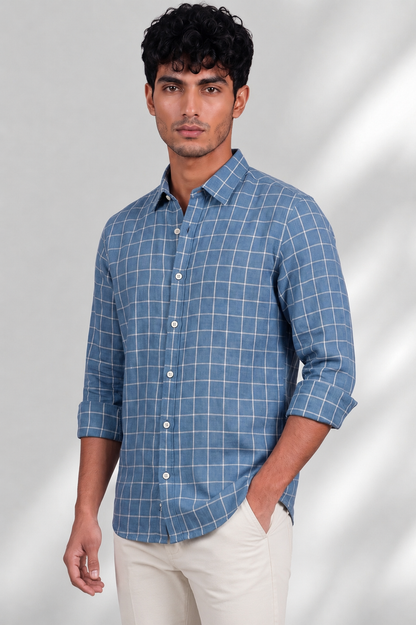 100% Linen Shirt - Checks Blue