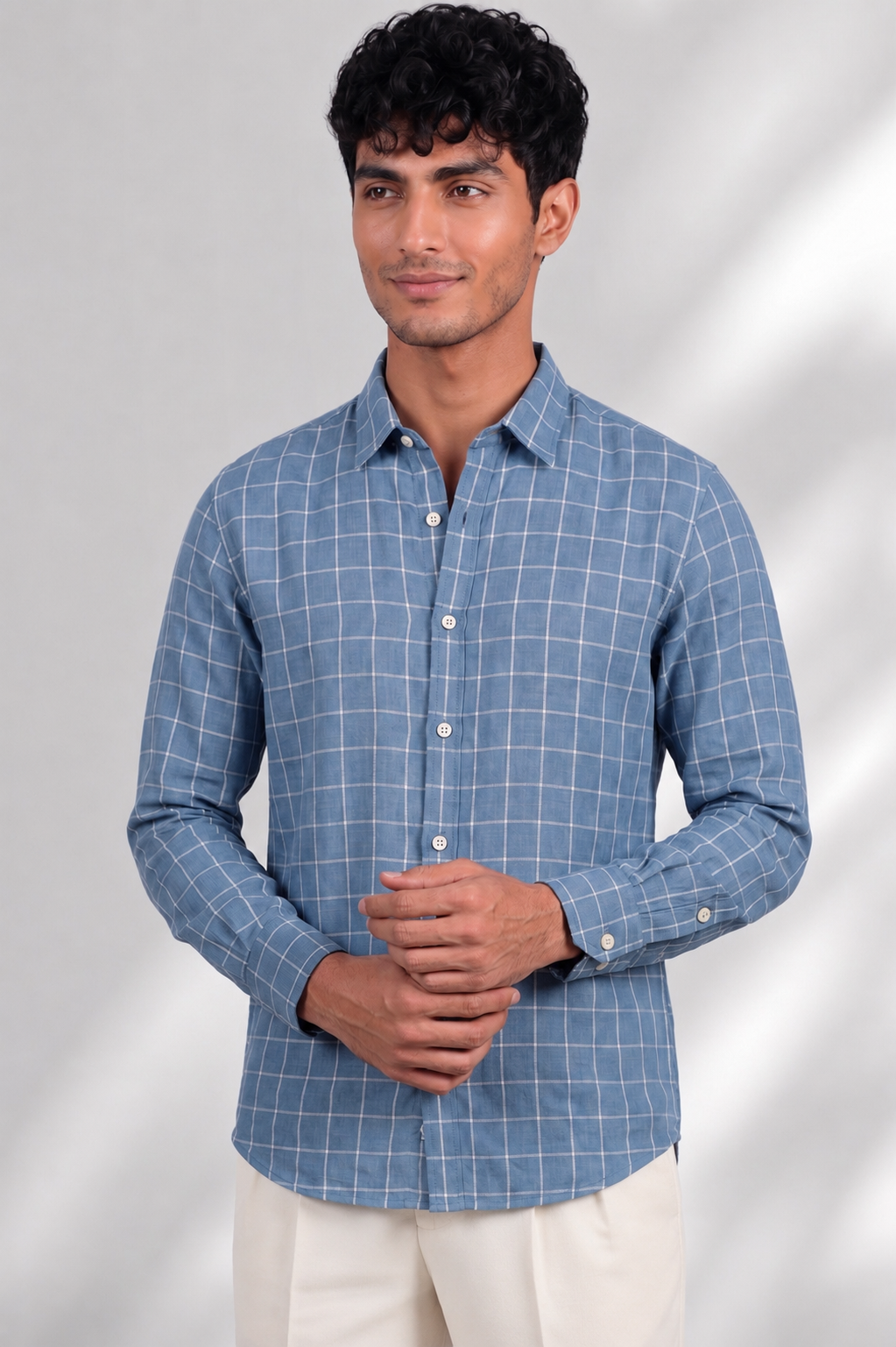 100% Linen Shirt - Checks Blue