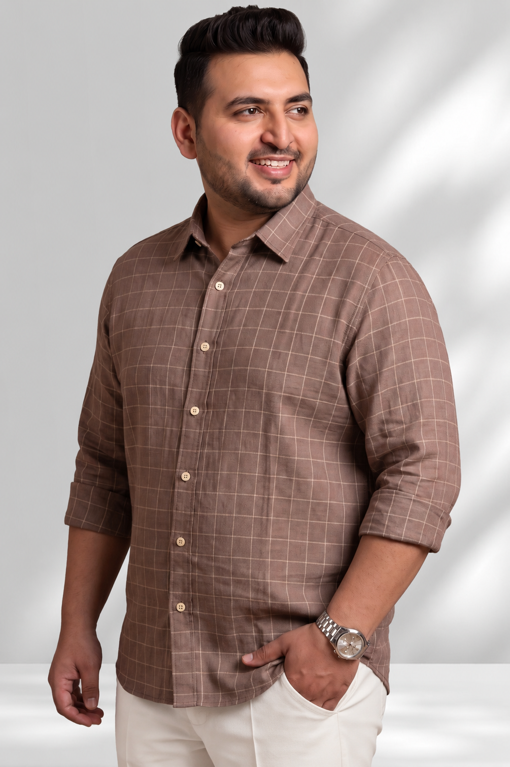 100% Linen Shirt - Checks Brown