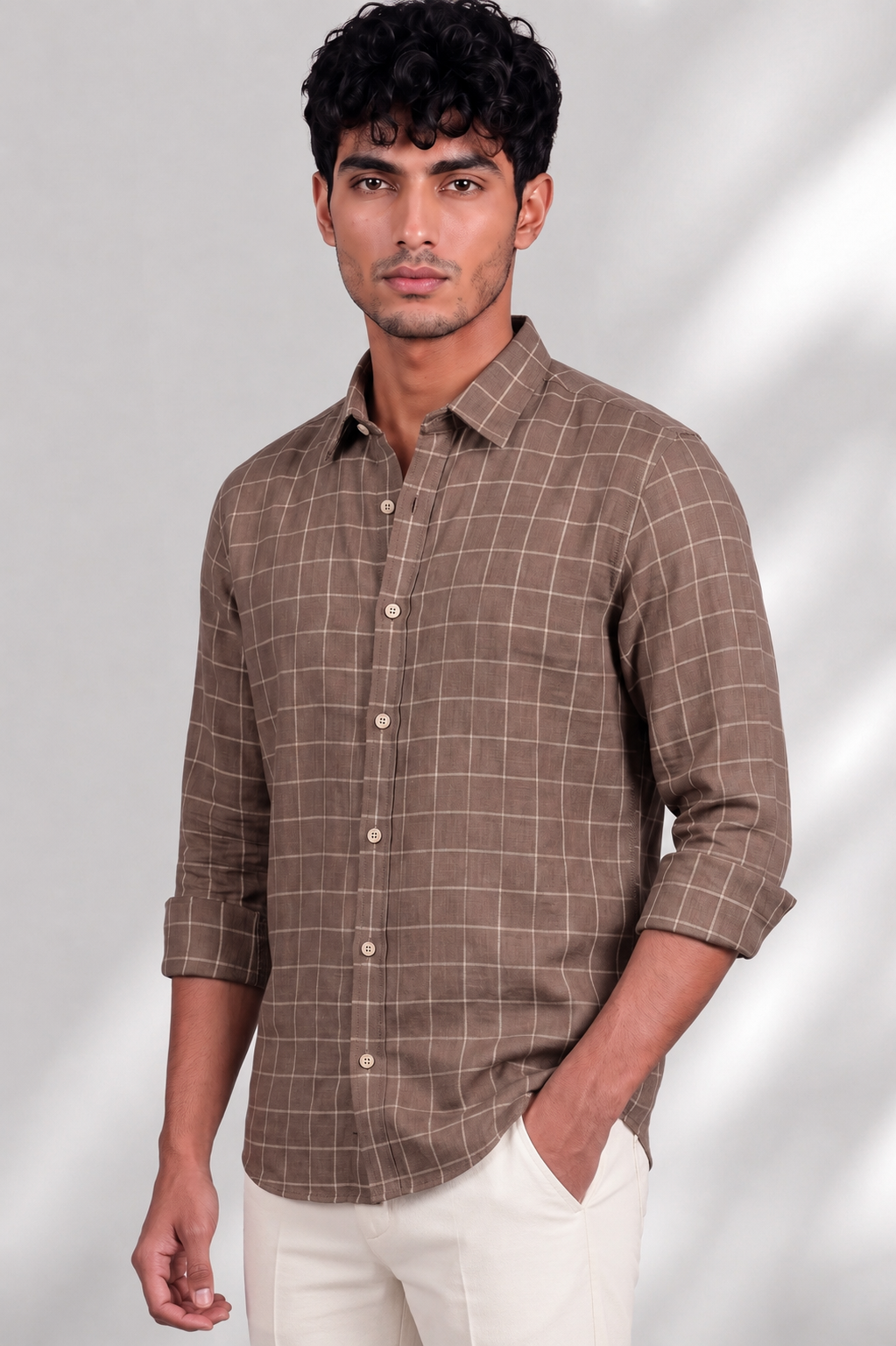 100% Linen Shirt - Checks Brown