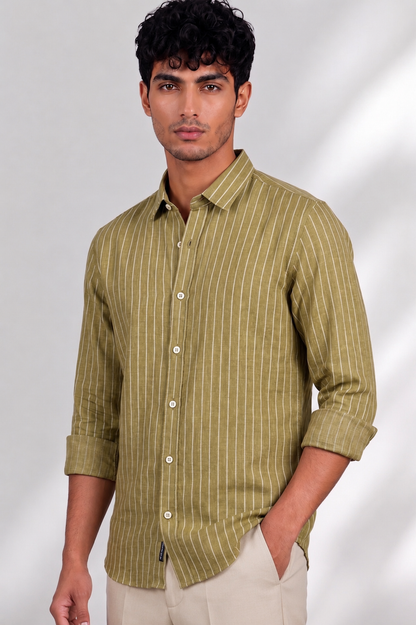 100% Linen Shirt - Stripes Mustard