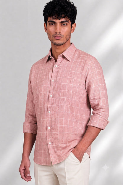 100% Linen Shirt - Checks Pink