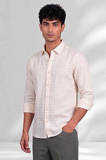 100% Linen Shirt - Checks Yellow